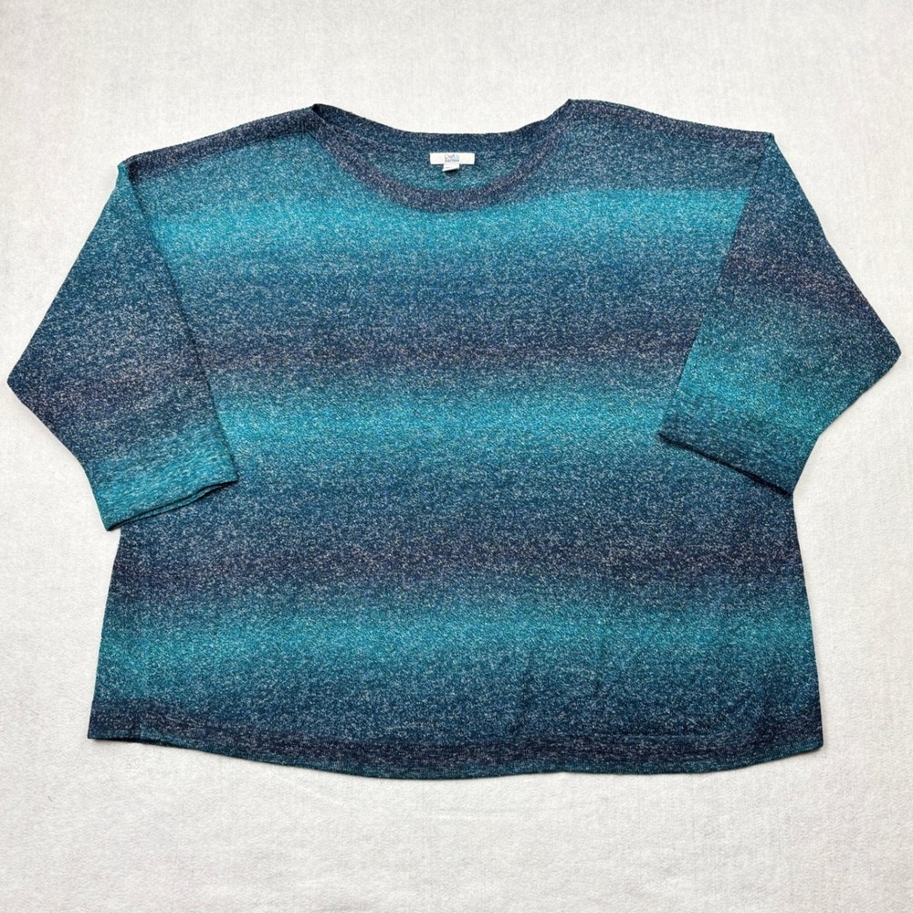Croft Barrow Sweater Womens 2X Teal Blue Ombre Gradient Knit 3/4 Sleeve Top